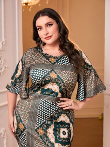 Mulvari Plus Scarf Print Mermaid Hem Dress - Multicolor - View 5