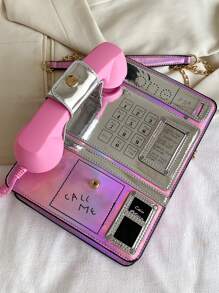 Mini Novelty Bag Holographic Telephone Design Pink Valentines - Pink - View 1