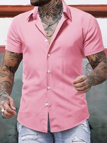 Manfinity Homme 男士素色前排扣襯衫 - 粉色 - 查看 1