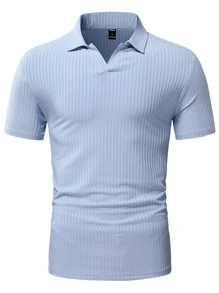 Manfinity Hombres Camisa polo unicolor tejido de canalé - Celeste - Ver 5