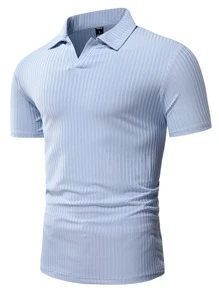 Manfinity Hombres Camisa polo unicolor tejido de canalé - Celeste - Ver 6