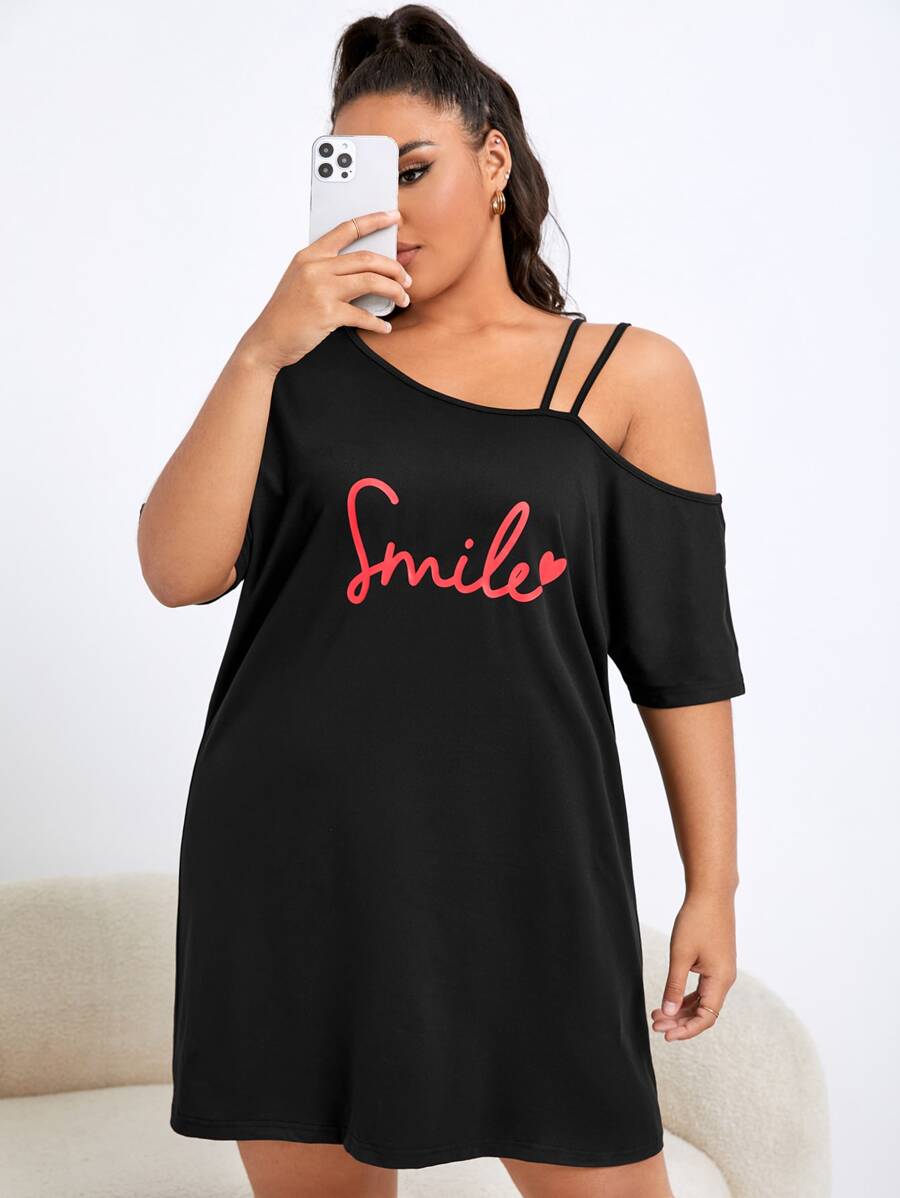 Plus Letter Graphic Asymmetrical Neck Nightdress - Black - View 1
