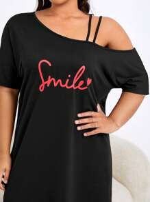 Plus Letter Graphic Asymmetrical Neck Nightdress - Black - View 3