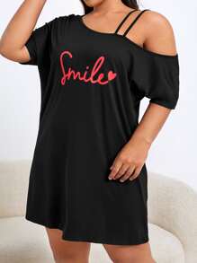 Plus Letter Graphic Asymmetrical Neck Nightdress - Black - View 4
