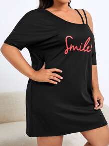 Plus Letter Graphic Asymmetrical Neck Nightdress - Black - View 5