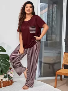 Conjunto de pijama con estampado de rayas y bolsillo parche talla grande - Rojo y blanco - Ver 1