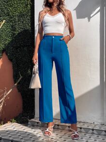 SHEIN Frenchy Women Suit Pants Nút Túi Dây kéo màu trơn - Màu xanh lam - Xem 5