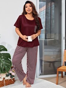 Conjunto de pijama con estampado de rayas y bolsillo parche talla grande - Rojo y blanco - Ver 4