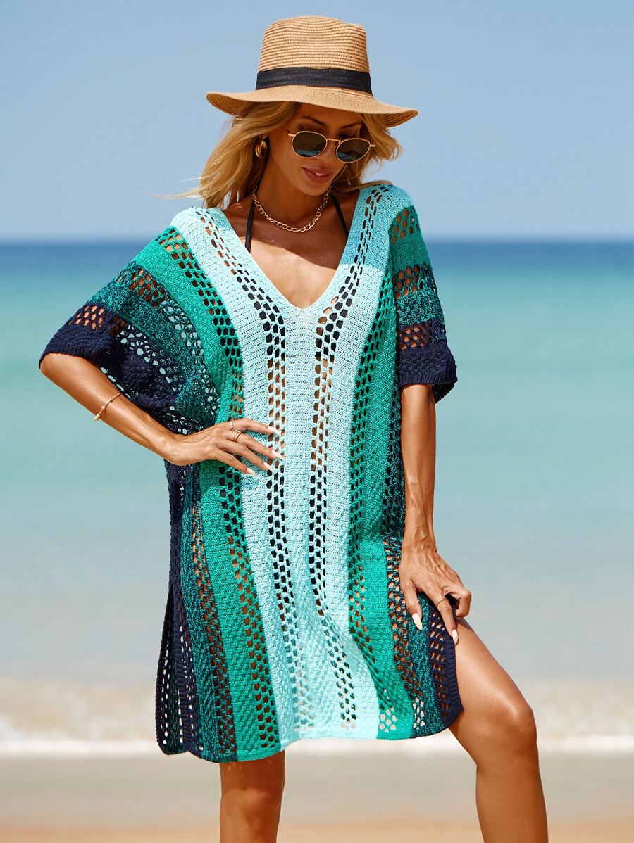 Swim Lushoire Striped Hollow Out Split Hem Cover Up Dress,Summer Beach - Green - View 1