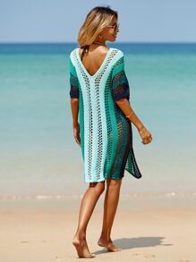 Swim Lushoire Striped Hollow Out Split Hem Cover Up Dress,Summer Beach - Green - View 2
