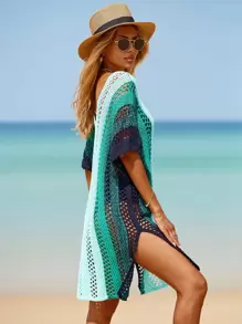 Swim Lushoire Striped Hollow Out Split Hem Cover Up Dress,Summer Beach - Green - View 4