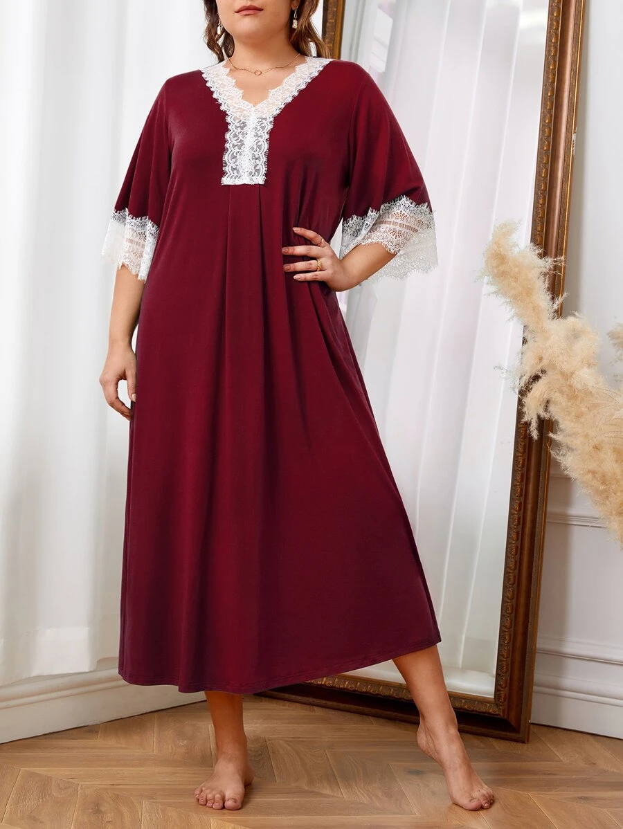Plus Contrast Lace Pajama Nightdress, Long Dress - Burgundy - View 1