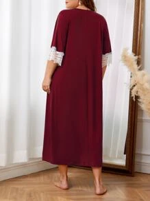 Plus Contrast Lace Pajama Nightdress, Long Dress - Burgundy - View 2