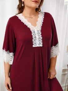 Plus Contrast Lace Pajama Nightdress, Long Dress - Burgundy - View 3
