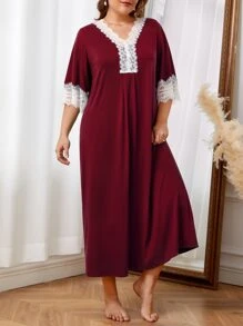 Plus Contrast Lace Pajama Nightdress, Long Dress - Burgundy - View 4
