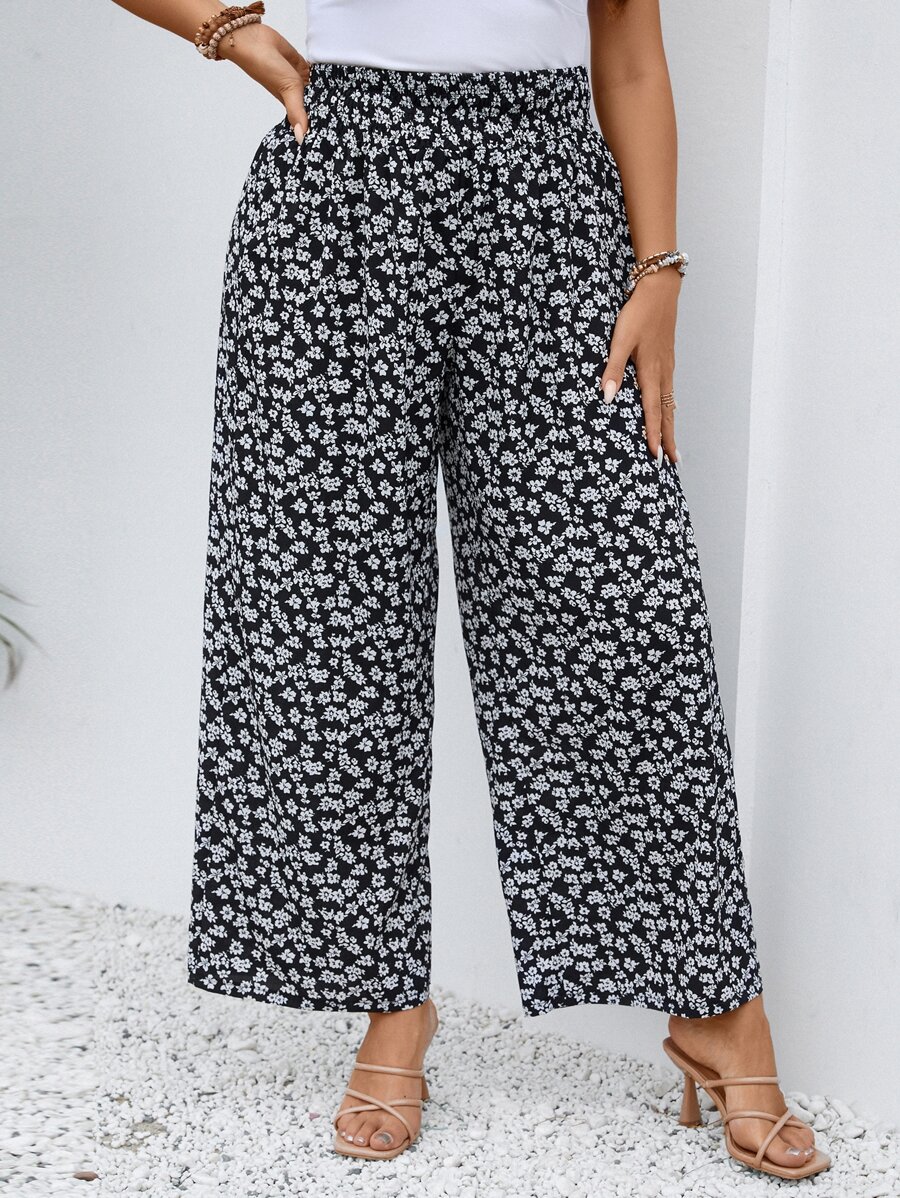 SHEIN LUNE Plus Ditsy Floral Print Wide Leg Pants - Multicolor - View 1
