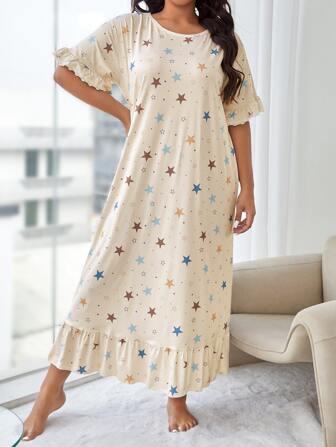 Robe de nuit avec ourlet à volants et imprimé étoile, robe longue