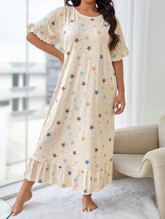 Plus Robe De Nuit Imprimé Étoile À Volants