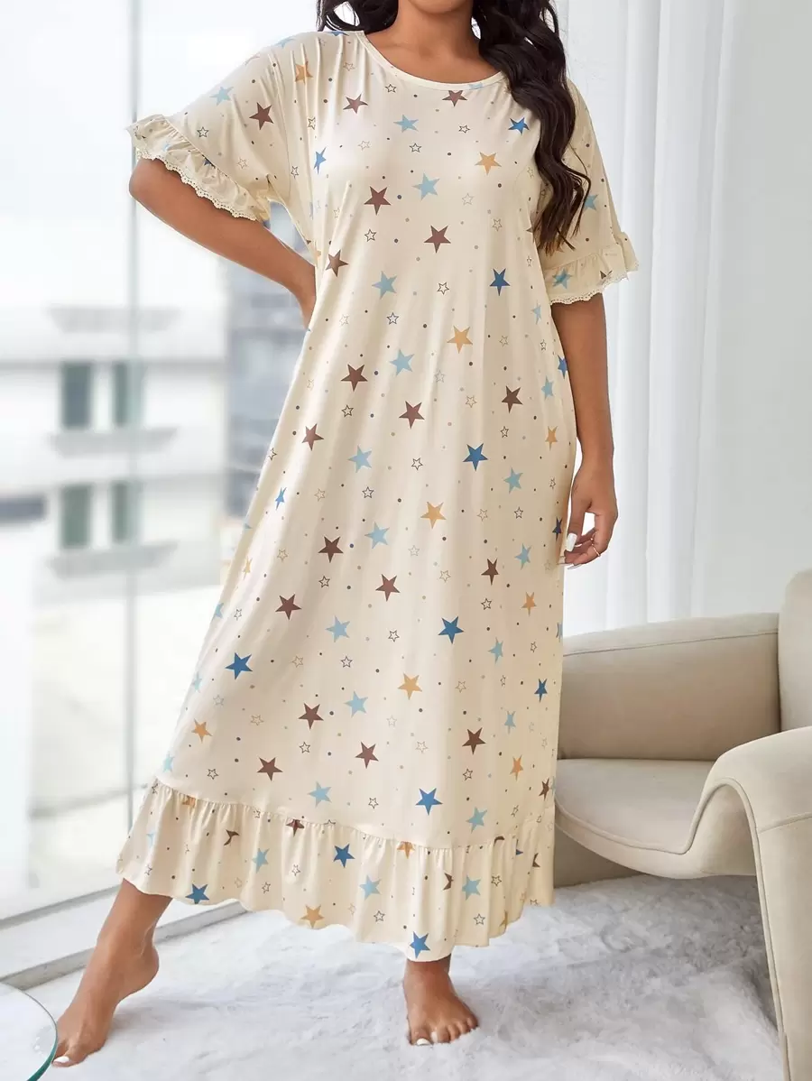 Plus Star Print Ruffle Hem Pajama Nightdress, Long Dress, Moo Moo - Beige - View 1