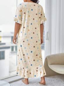 Plus Star Print Ruffle Hem Pajama Nightdress, Long Dress, Moo Moo - Beige - View 2