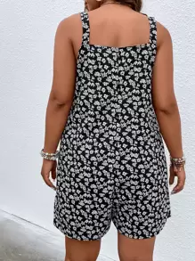 SHEIN LUNE Plus Ditsy Floral Print Cami Romper - Black and White - View 2