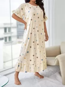 Plus Star Print Ruffle Hem Pajama Nightdress, Long Dress, Moo Moo - Beige - View 5