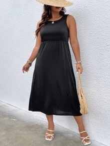 SHEIN LUNE Plus Solid A-line Dress - Black - View 2