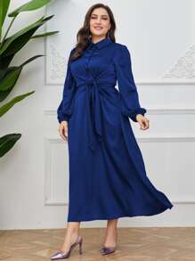 Modelyn 大碼燈籠袖前打結緞面襯衫連衣裙 - 寶藍色 - 查看 1