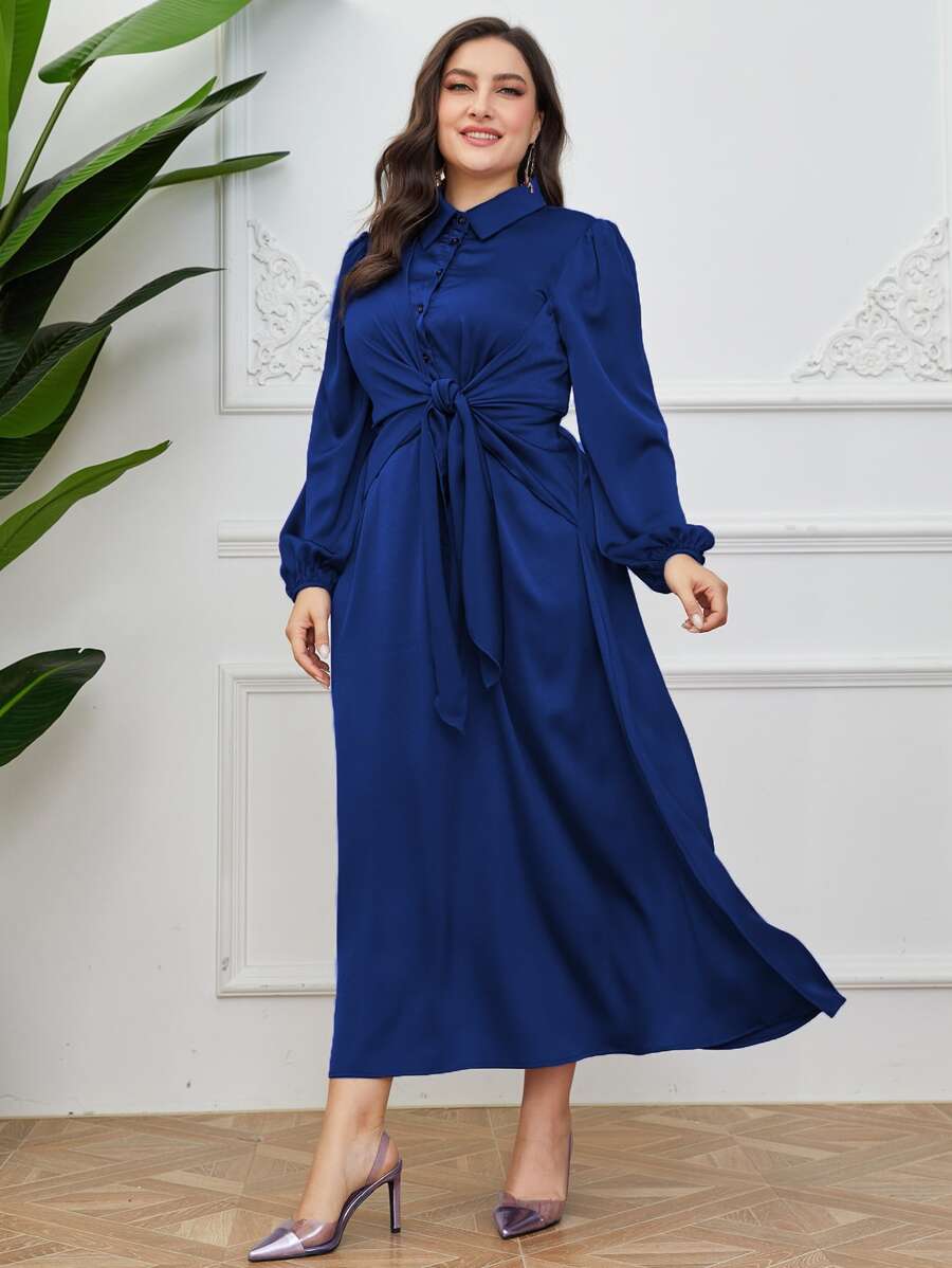 Modelyn 大碼燈籠袖前打結緞面襯衫連衣裙 - 寶藍色 - 查看 1