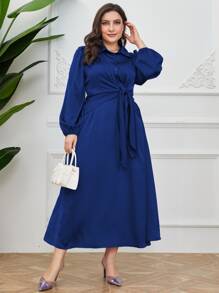 Modelyn 大碼燈籠袖前打結緞面襯衫連衣裙 - 寶藍色 - 查看 3