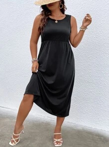 SHEIN LUNE Plus Solid A-line Dress - Black - View 1