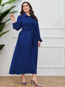 Modelyn 大碼燈籠袖前打結緞面襯衫連衣裙 - 寶藍色 - 查看 5