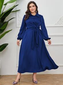 Modelyn 大碼燈籠袖前打結緞面襯衫連衣裙 - 寶藍色 - 查看 6