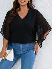 SHEIN Clasi 大碼圓點網紗袖襯衫 - 黑色 - 查看 1