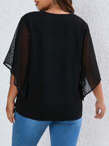 SHEIN Clasi 大碼圓點網紗袖襯衫 - 黑色 - 查看 2