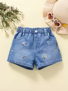 Toddler Girls Quần Shorts Denim Thêu Túi Hoa - Rửa trung bình - Xem 1
