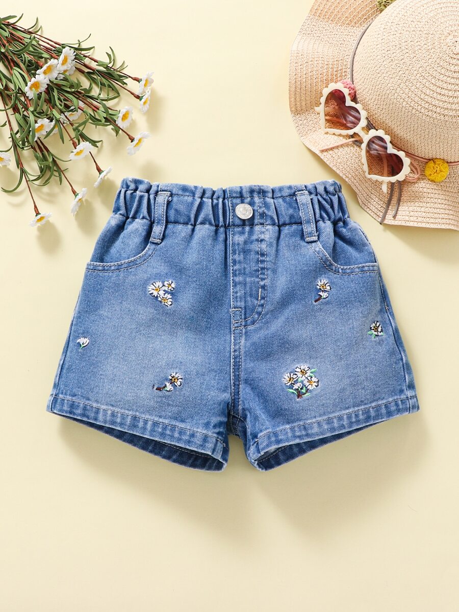 Toddler Girls Quần Shorts Denim Thêu Túi Hoa - Rửa trung bình - Xem 1