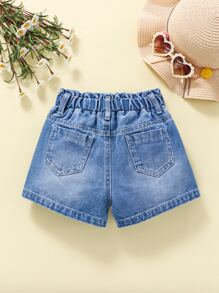 Toddler Girls Quần Shorts Denim Thêu Túi Hoa - Rửa trung bình - Xem 2