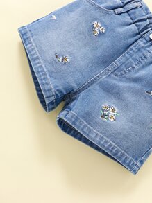 Toddler Girls Quần Shorts Denim Thêu Túi Hoa - Rửa trung bình - Xem 7