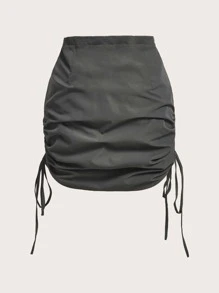 SHEIN EZwear 大碼側抽繩褶邊半身裙 - 深灰色 - 查看 2