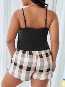 Plus Letter Graphic Cami Top & Plaid Print Shorts PJ Set - Multicolor - View 2