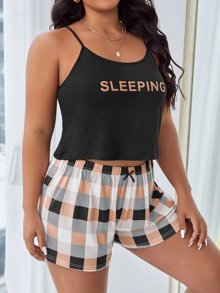 Plus Letter Graphic Cami Top & Plaid Print Shorts PJ Set - Multicolor - View 1