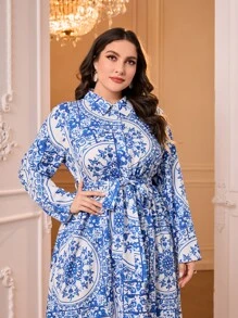 Modelyn 大碼巴洛克風格圖案腰帶襯衫洋裝