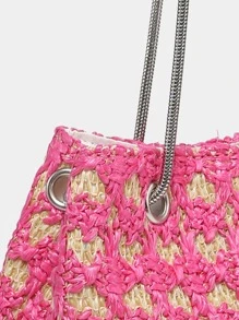 迷你草編包鏈條帶撞色粉色 - 粉色 - 查看 5