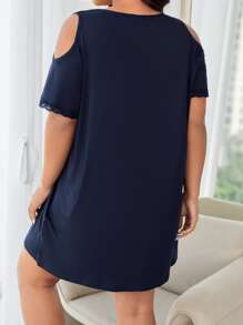Plus Cold Shoulder Lace Trim Nightdress - Navy Blue - View 2