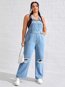 Plus Ripped Denim Dungarees Without Top - Light Wash - View 1
