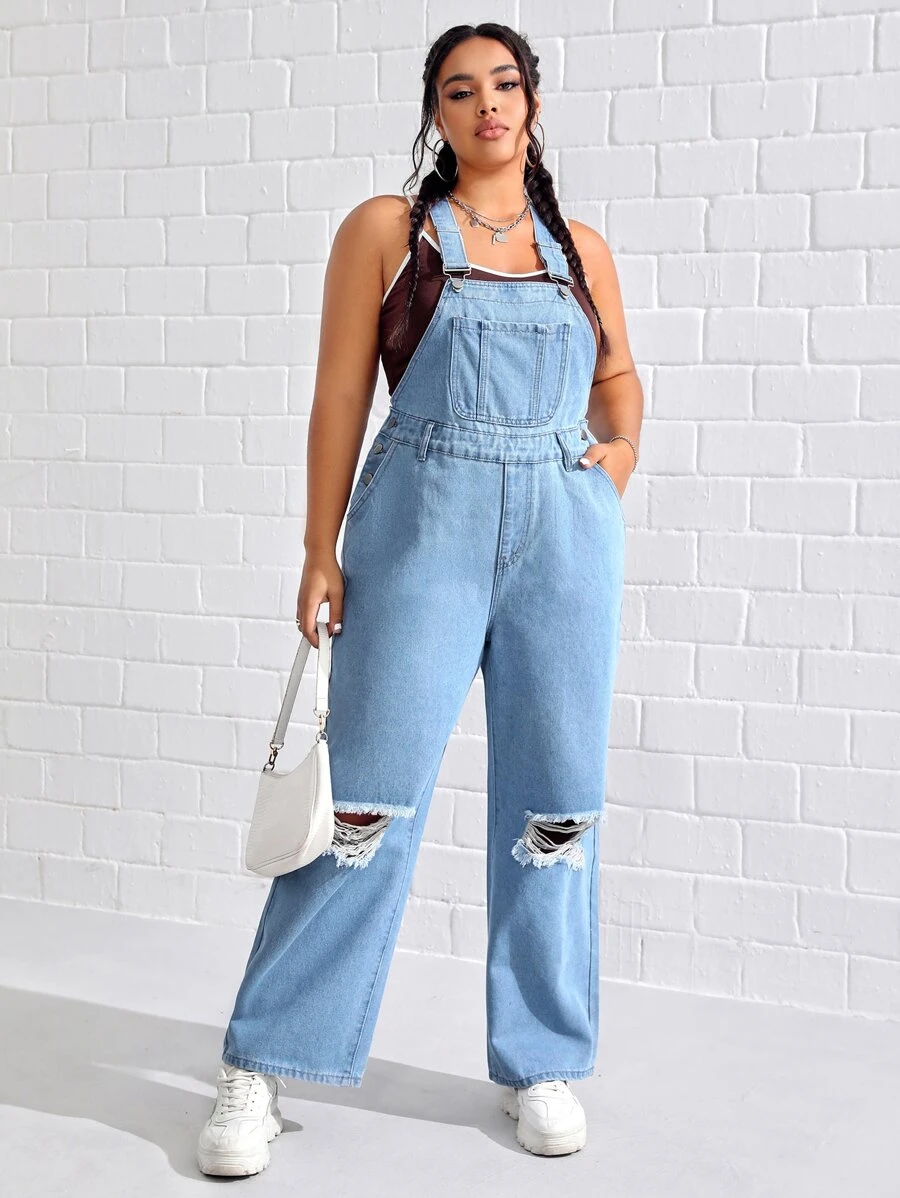 Plus Ripped Denim Dungarees Without Top - Light Wash - View 1