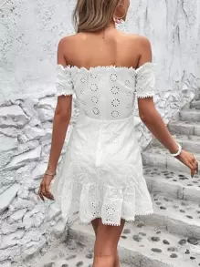 Soleia Đầm Viên lá sen Dây kéo Tranh thêu màu trơn Boho - trắng - Xem 2