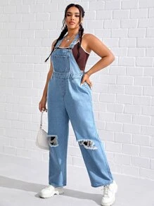 Plus Ripped Denim Dungarees Without Top - Light Wash - View 3
