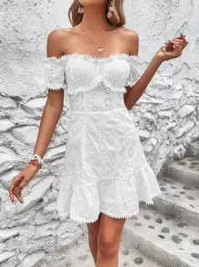Soleia Đầm Viên lá sen Dây kéo Tranh thêu màu trơn Boho - trắng - Xem 4